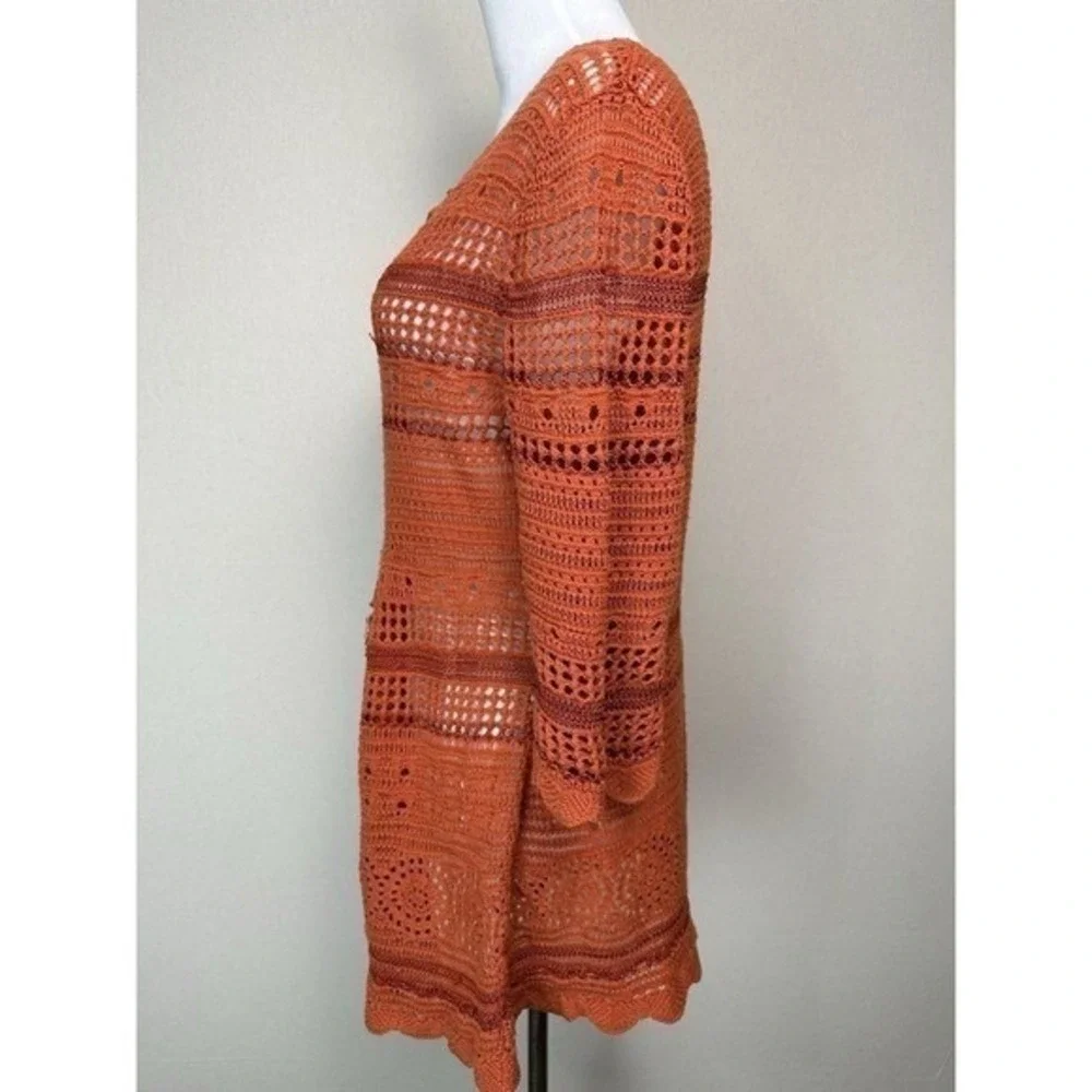 Premise Women's Open Knit Sweater Tunic Cover Up Orange Rust Sz L Boho Hippie